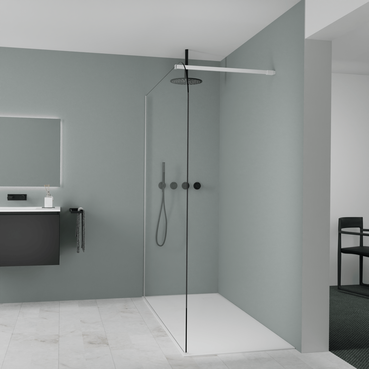 Balmani Modular douche à l'italienne: 180 x 200 cm, Verre transparent arrondi, Profil Blanc mat
