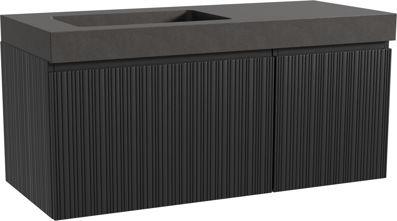 Storke Ribs zwevend badmeubel 120 x 52 cm zwart eiken met Scuro High asymmetrisch linkse wastafel in kwarts mat zwart, Verticale asymmetrische rechte ribbel