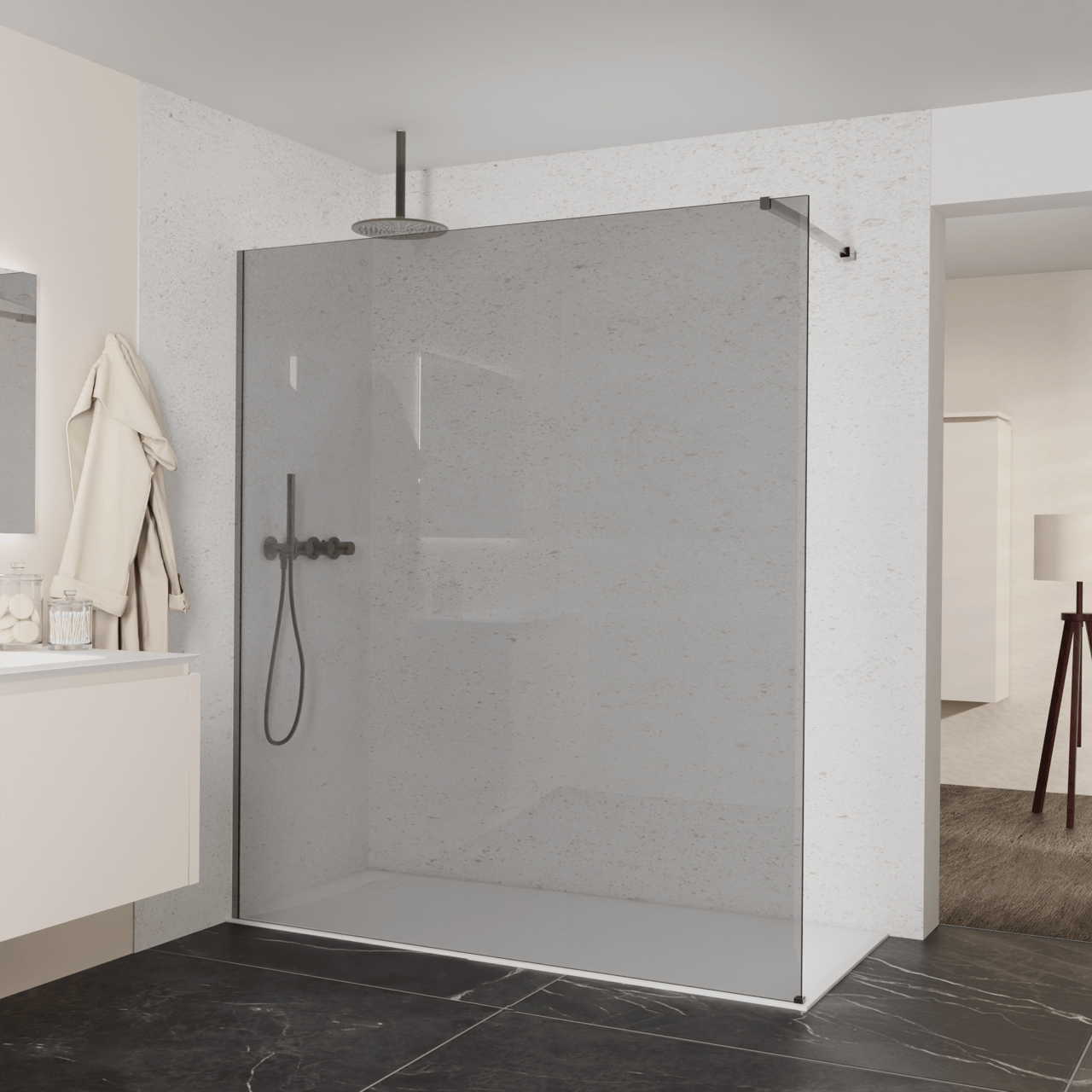 Balmani Modular Walk-In Dusche: 180 x 200 cm, Rauchglas, inklusive Coating, Profil Brushed GunMetal