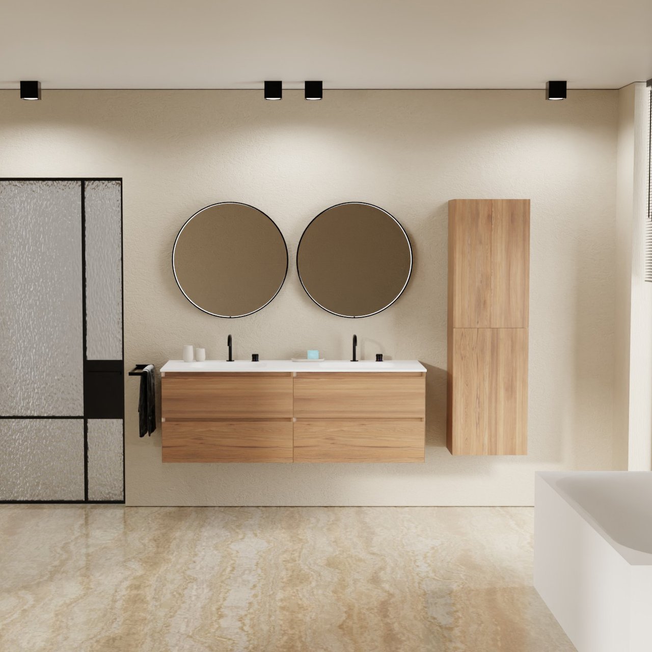 Balmani Mitra hängendes Möbelstück Set: 150 x 55 cm, Teak, mit Tablo Arcato Doppelwaschtisch, Solid Surface Weiß matt