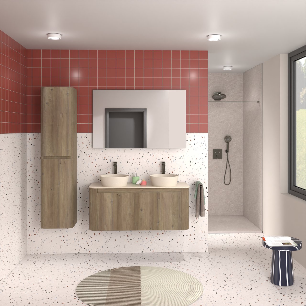 Storke Soft meuble salle de bains suspendu 120 x 46 cm chêne brut avec Tavola Soft tablette simple ou double vasque en Solid Surface beige granite, Nervure droite symétrique verticale