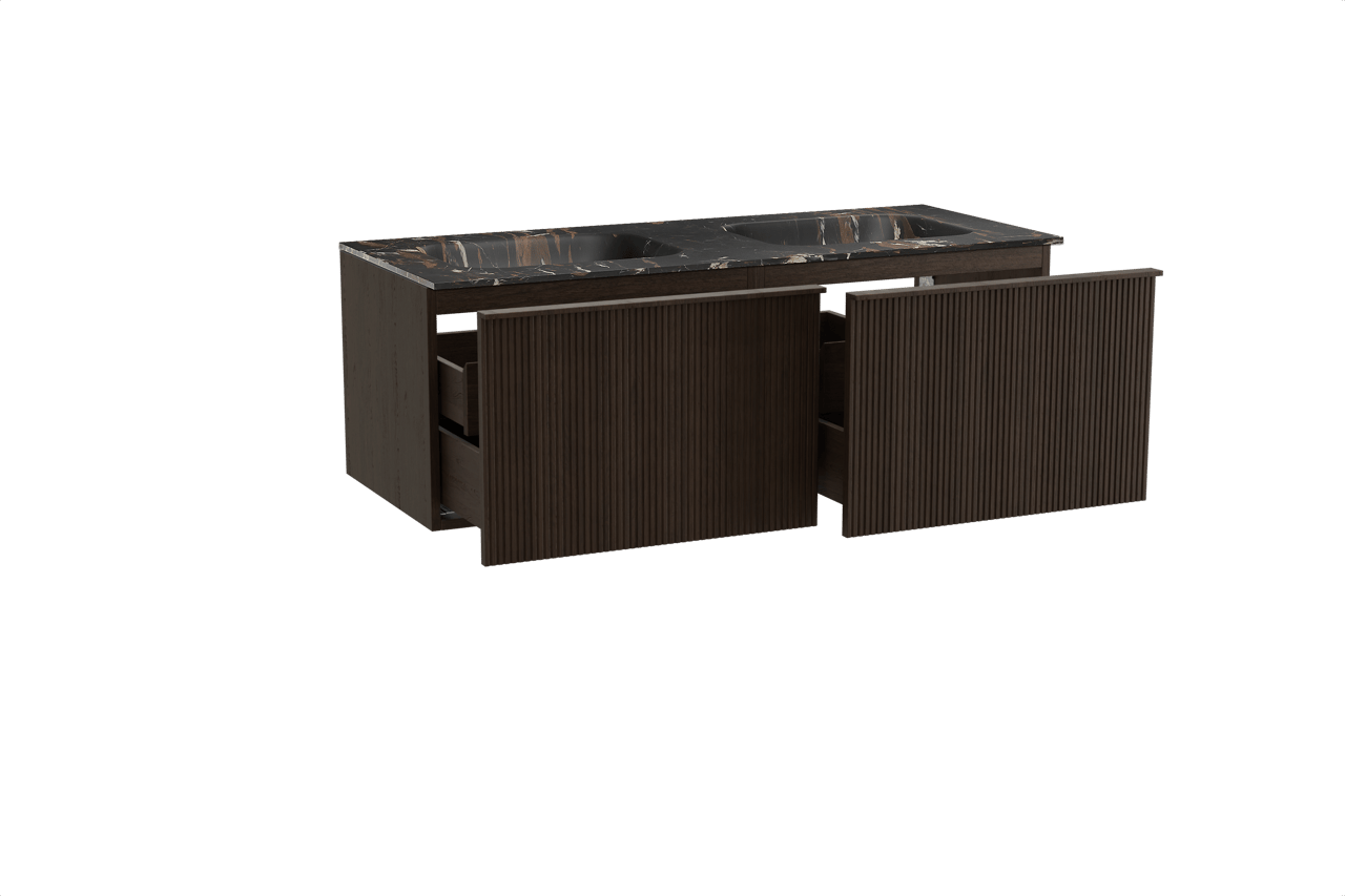 Balmani Forma zwevend badkamermeubel 135 x 55 cm gerookte eik met Tablo Arcato dubbele wastafel in marmer portoro gold, Verticale symmetrische rechte ribbel