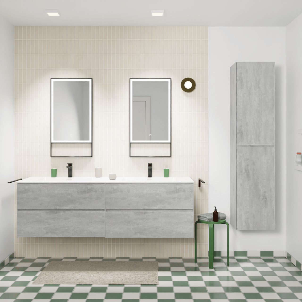 Storke Edge meuble salle de bains suspendu 170 x 52 cm béton gris foncé avec Mata double vasque en solid surface blanc mat