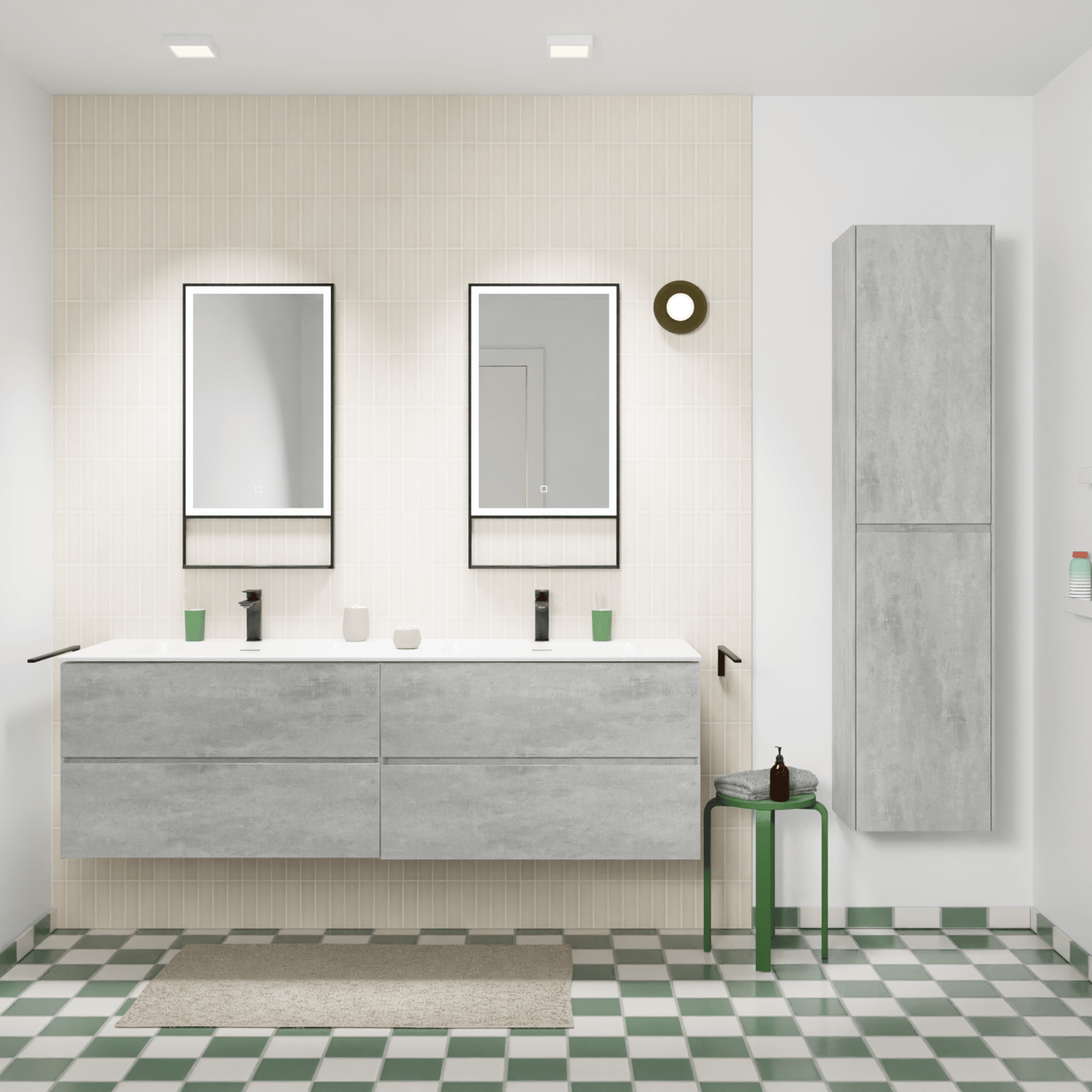 Storke Edge meuble salle de bains suspendu 170 x 52 cm béton gris foncé avec Mata double vasque en solid surface blanc mat