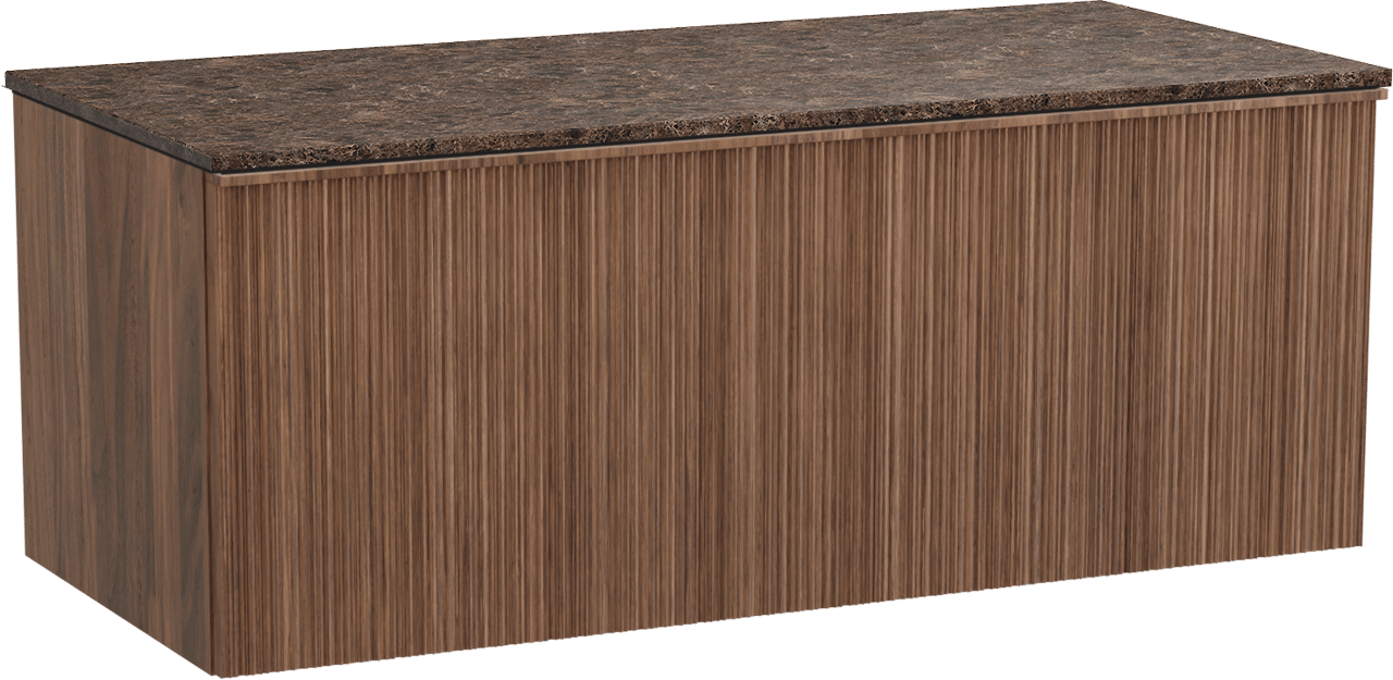 Balmani Forma zwevend badmeubel 120 x 55 cm amerikaans notenhout met Stretto enkel of dubbel wastafelblad in marmer dark emperador, Verticale asymmetrische ronde ribbel