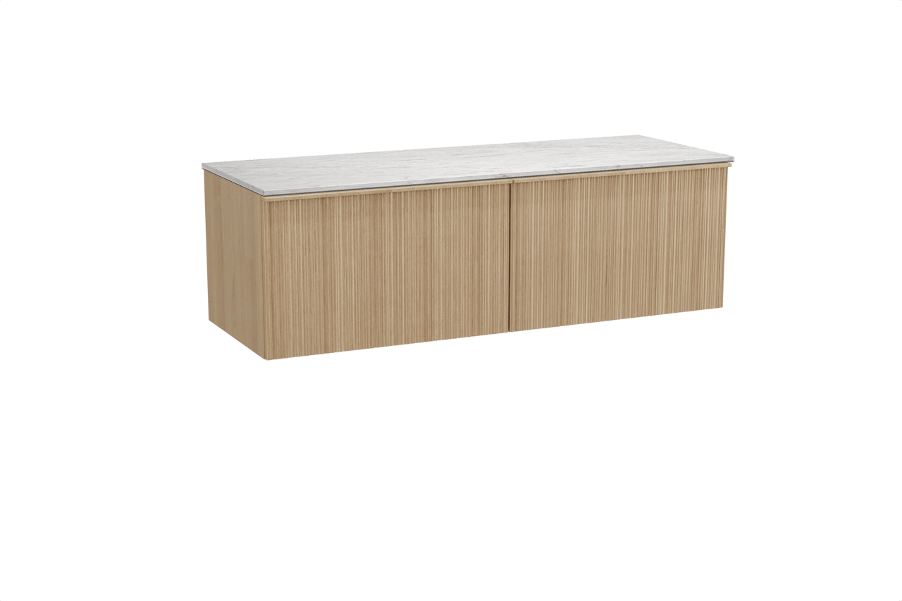 Balmani Forma zwevend badkamermeubel 150 x 55 cm natuur eik met Stretto enkel of dubbel tablet in marmer carrara, Verticale asymmetrische ronde ribbel