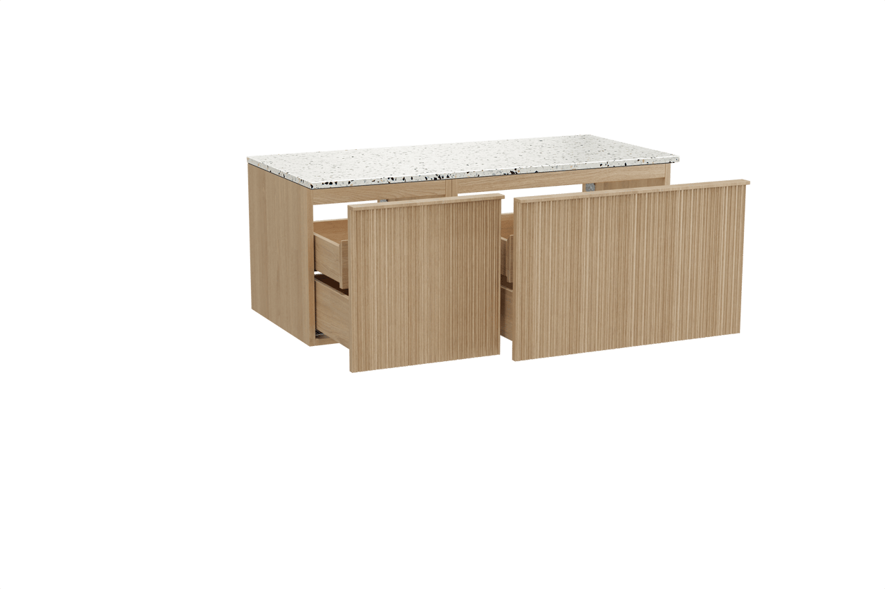 Balmani Forma meuble salle de bains suspendu 120 x 55 cm chêne naturel avec Stretto tablette simple ou double en blanc/noir mat terrazzo, Nervure circulaire asymétrique verticale