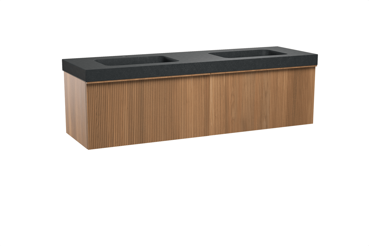 Balmani Forma hängendes Möbelstück Set: 180 x 55 cm, Teak, mit Napoli Doppelwaschtisch, Granit, Schwarzes Granit, Vertikale symmetrische gerade Rippe