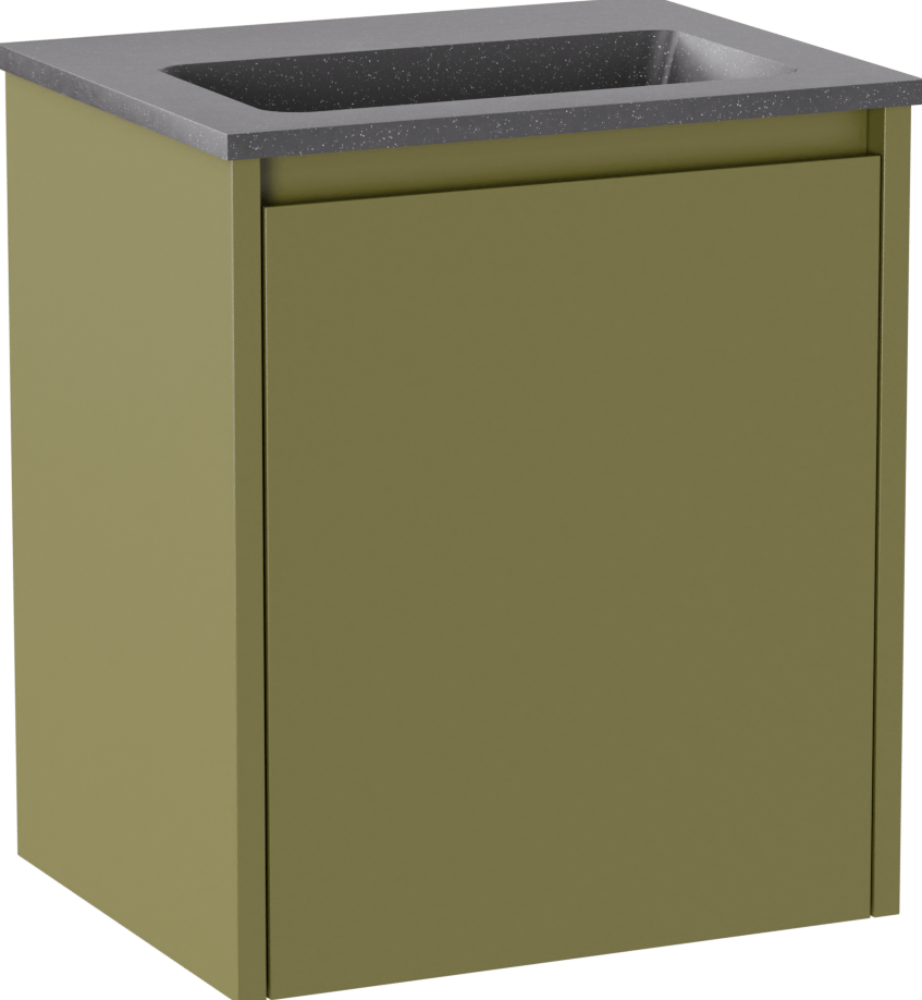 Storke Seda meuble salle de bains suspendu 45 x 35 cm vert olive avec Scuro plan simple en Quartz noir mat