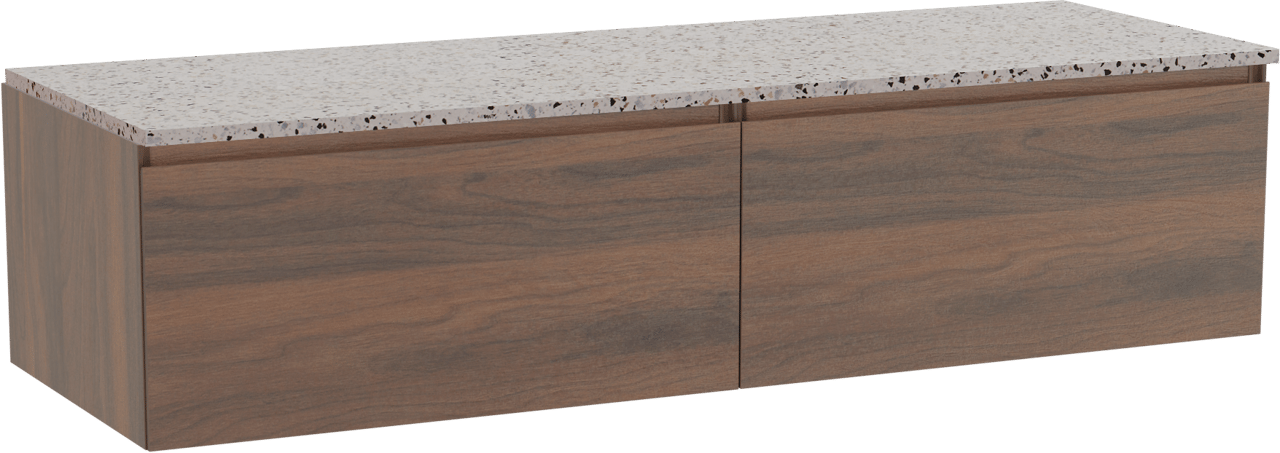 Storke Edge meuble salle de bains suspendu 150 x 52 cm noyer avec Tavola tablette simple ou double en blanc/noir mat terrazzo