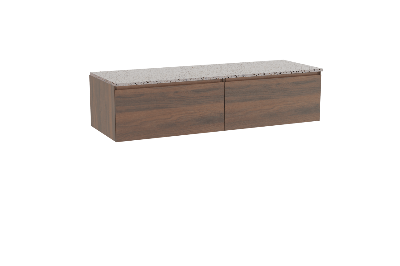 Storke Edge hängendes Möbelstück Set: 150 x 52 cm, Nussbaum, mit Tavola Einzel- oder Doppel Waschtischplatte, Terrazzo in Weiß/Schwarz matt