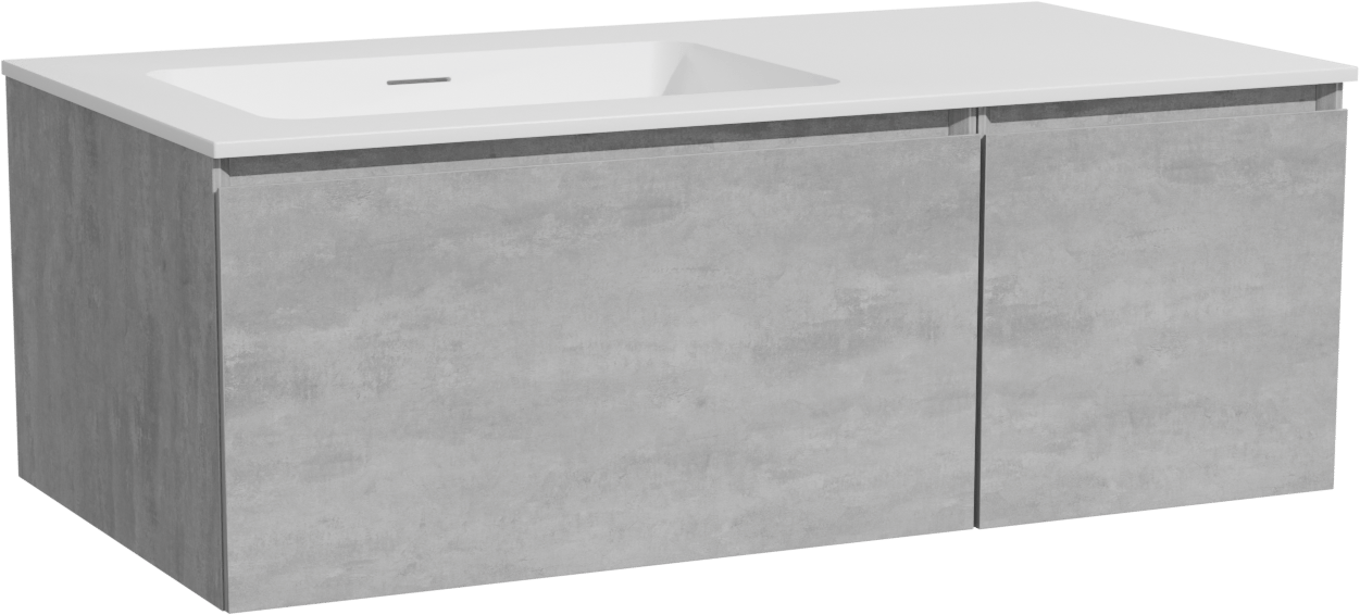 Storke Edge zwevend badmeubel 100 x 52 cm beton donkergrijs met Mata asymmetrisch linkse wastafel in solid surface mat wit