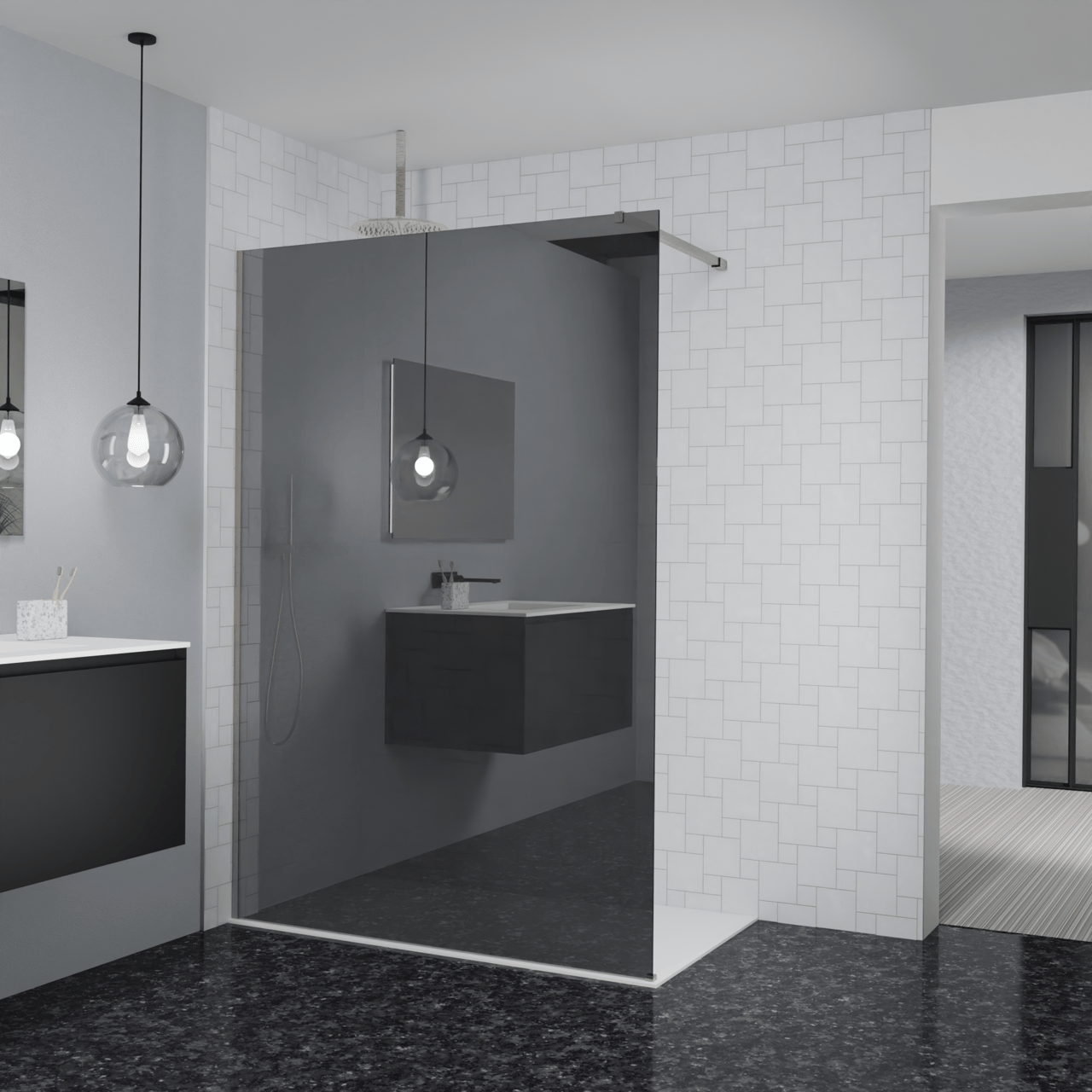 Balmani Modular douche à l'italienne: 140 x 200 cm, Verre miroir reflex, Profil Brushed CoolMetal