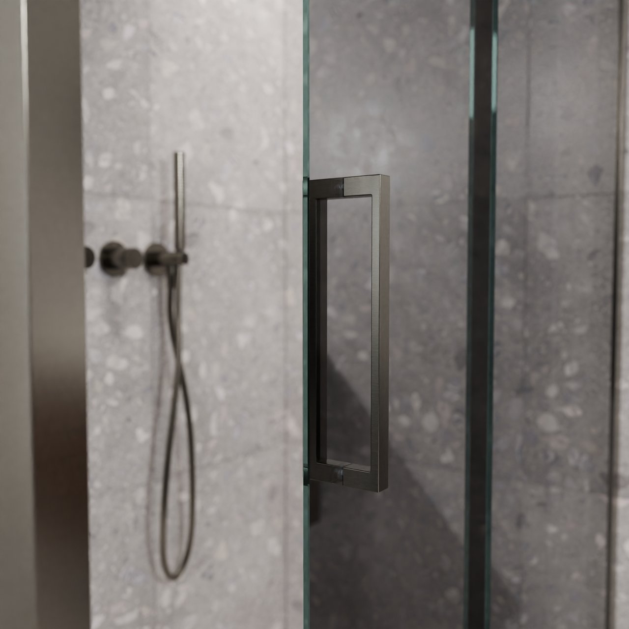 Balmani Senses Design douche d'angle avec porte coulissante à droite et paroi latérale fixe, 120 x 80 cm, Verre miroir reflex, Profil Brushed GunMetal, coating inclus