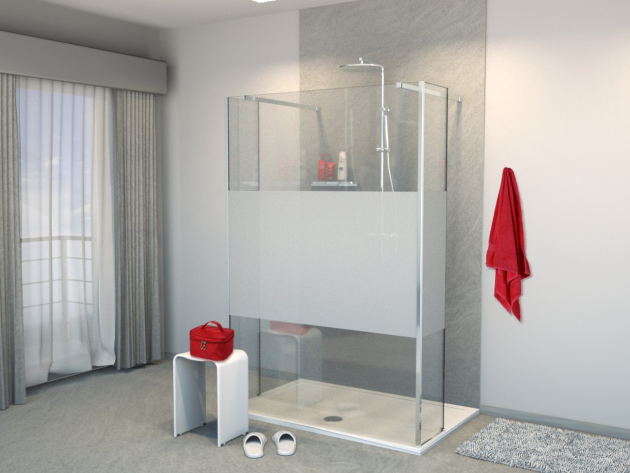 Balmani Modular inloopdouche met vrijstaande wand en vast paneel 140 x 200 cm helder glas met matte strook glanzend chroom profiel