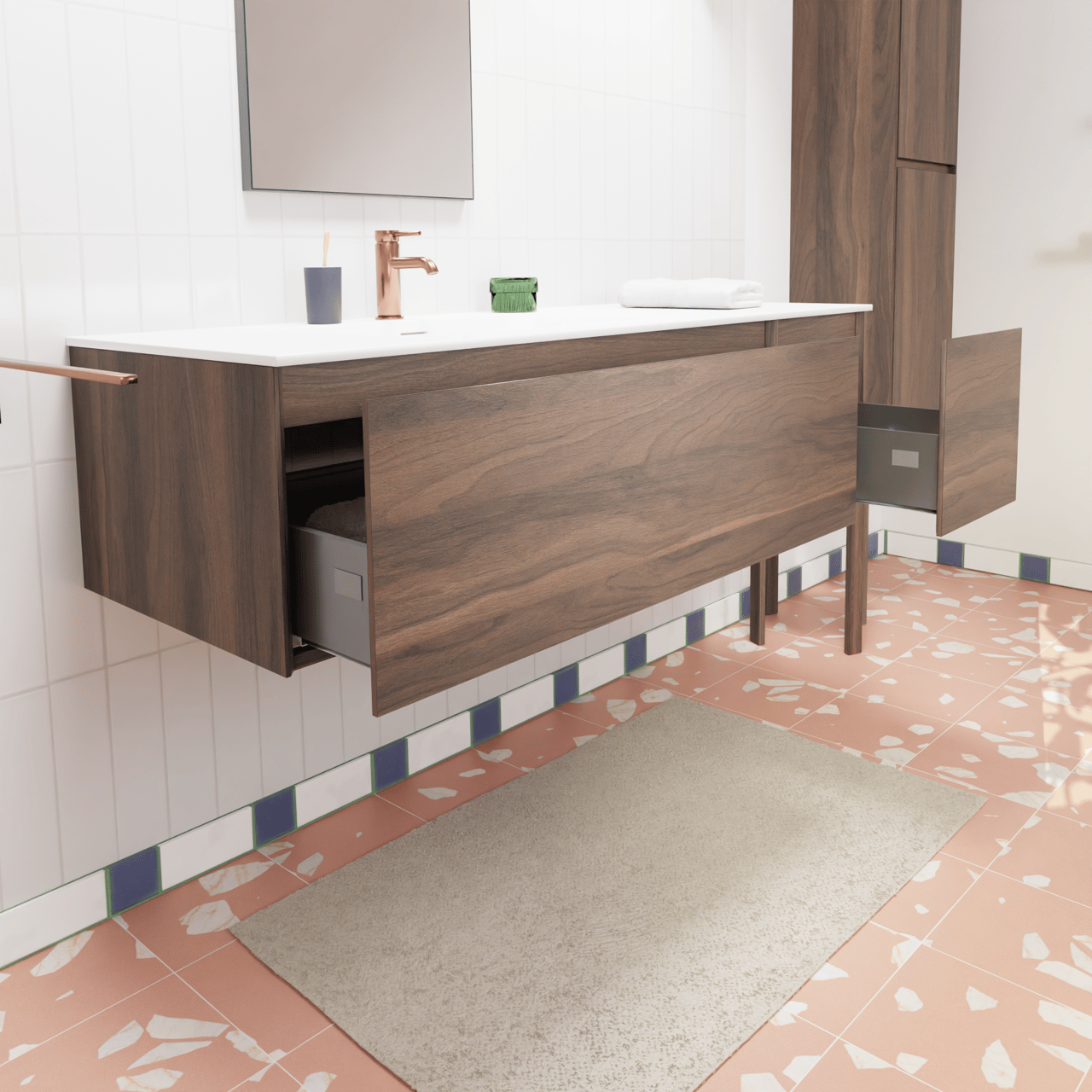 Storke Edge hängendes Möbelstück Set: 140 x 52 cm, Nussbaum, mit Mata Waschtisch links, Solid Surface Weiß matt