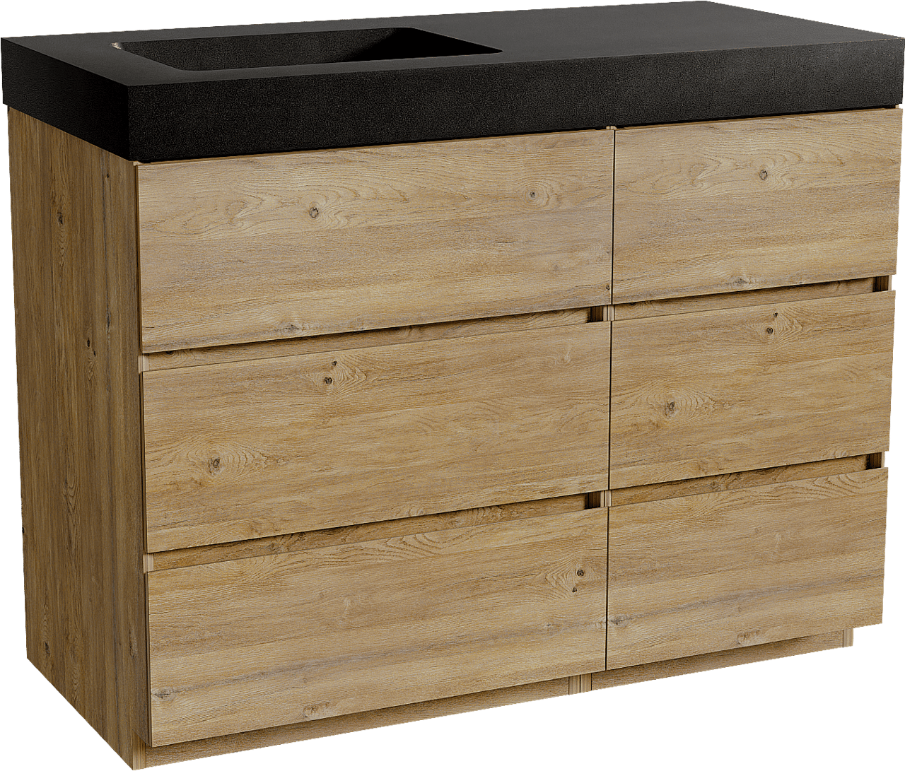 Storke Edge staand badmeubel 110 x 52 cm ruw eiken met Scuro High asymmetrisch linkse wastafel in kwarts mat zwart