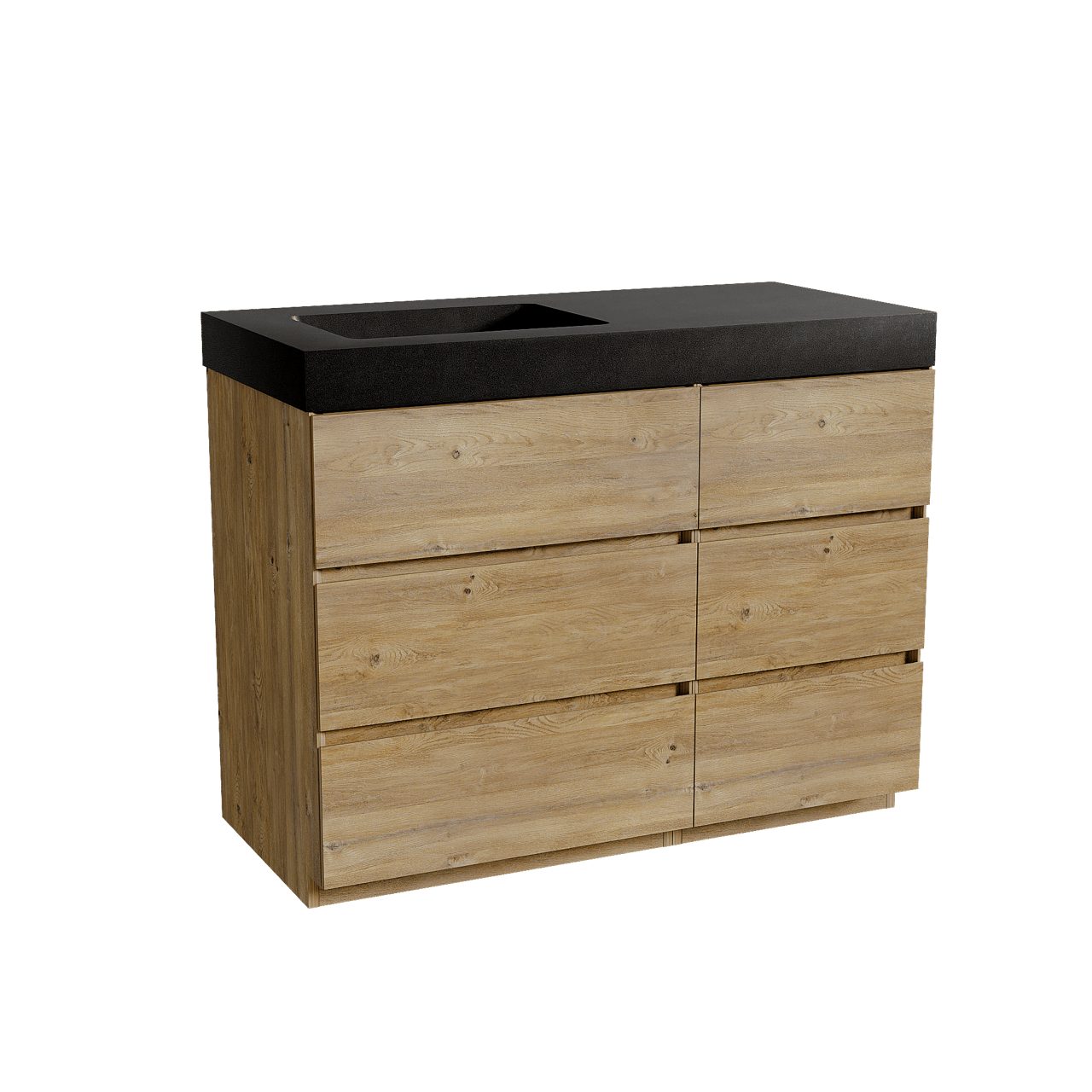 Storke Edge meuble salle de bains à poser 110 x 52 cm chêne brut avec Scuro High vasque asymétrique gauche en quartz noir mat