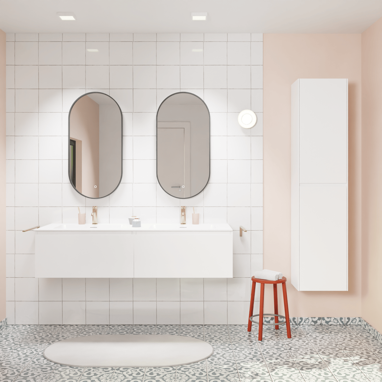 Storke Edge meuble salle de bains suspendu 150 x 52 cm blanc brillant avec Mata double vasque en solid surface blanc mat