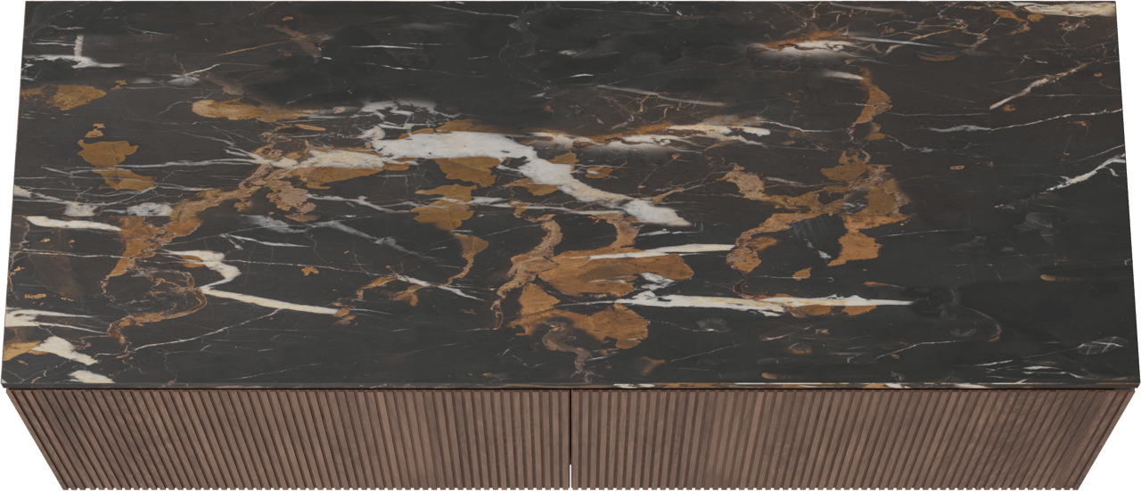 Balmani Eclips meuble salle de bains suspendu 150 x 55 cm Noyer américain avec Stretto tablette simple ou double vasque en Portoro Gold marbre, Nervure droite symétrique verticale