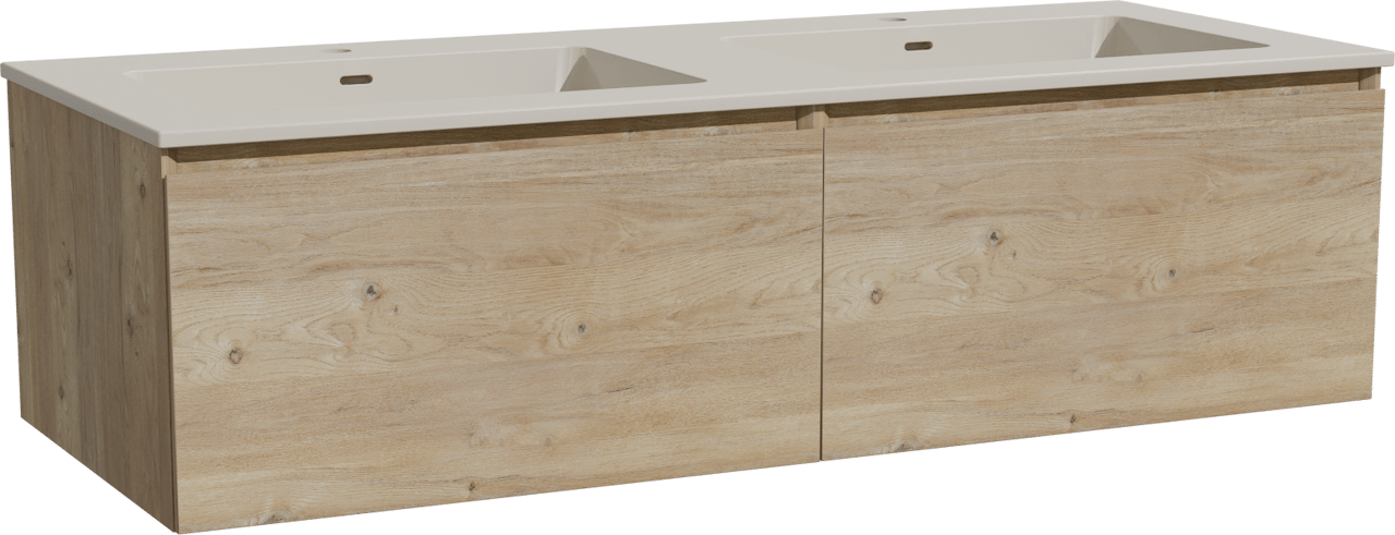 Storke Edge zwevend badkamermeubel 130 x 52 cm ruwe eik met Diva dubbele wastafel in top solid zijdegrijs