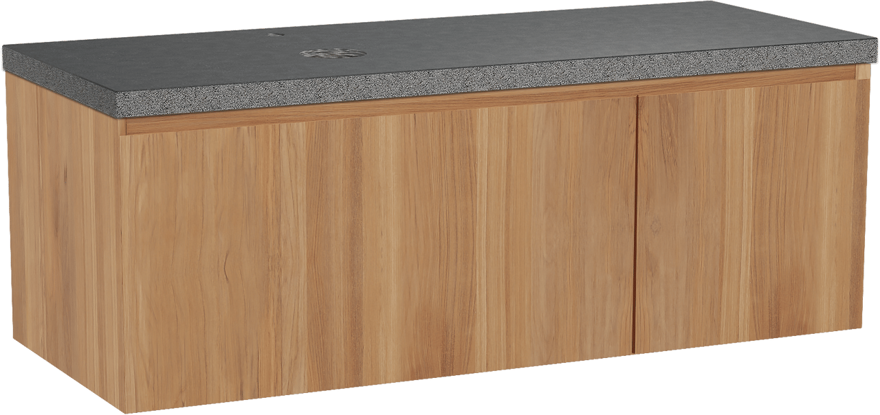 Balmani Idra meuble salle de bains suspendu 135 x 55 cm teck avec Rock plan vasque asymétrique à gauche en granit noir