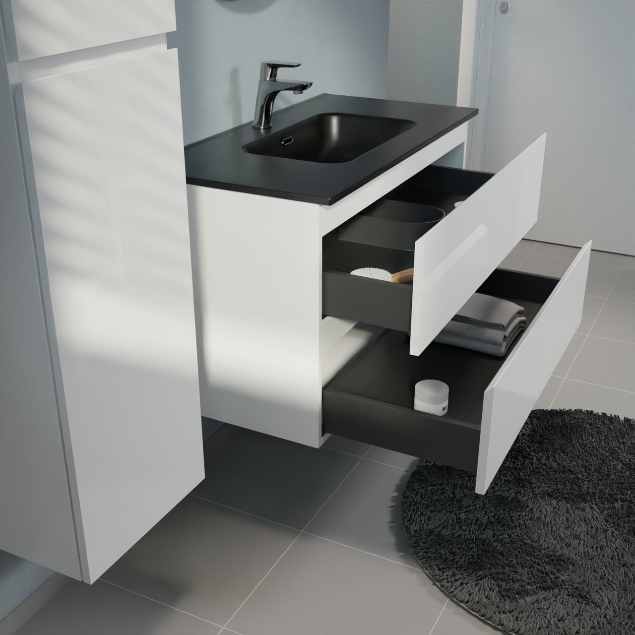 Linie Lado zwevend badmeubel 90 x 46 cm hoogglans wit met Baro enkele wastafel in porselein mat zwart