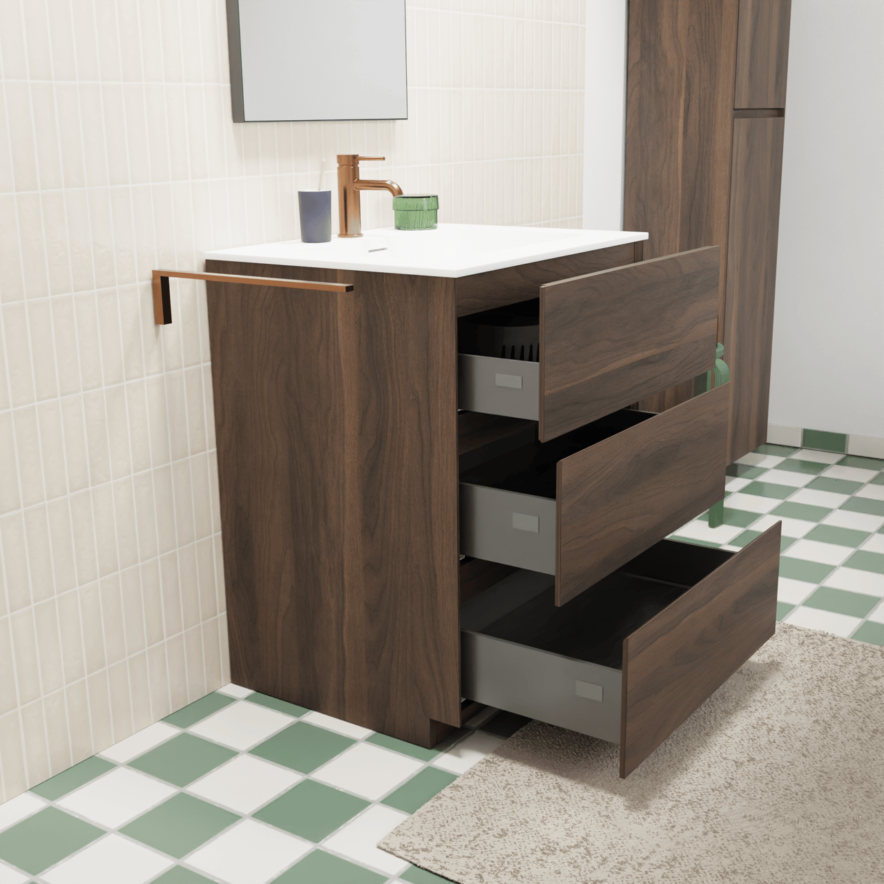 Storke Edge staand badmeubel 65 x 52 cm notenhout met Mata enkele wastafel in solid surface mat wit