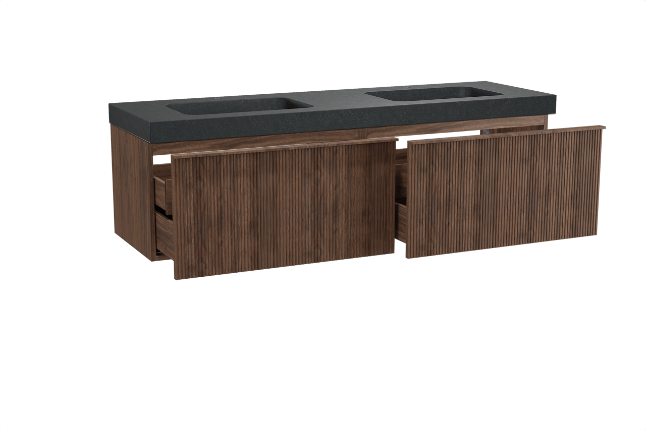 Balmani Forma zwevend badkamermeubel 180 x 55 cm amerikaanse notelaar met Napoli dubbele wastafel in graniet zwart, Verticale symmetrische rechte ribbel