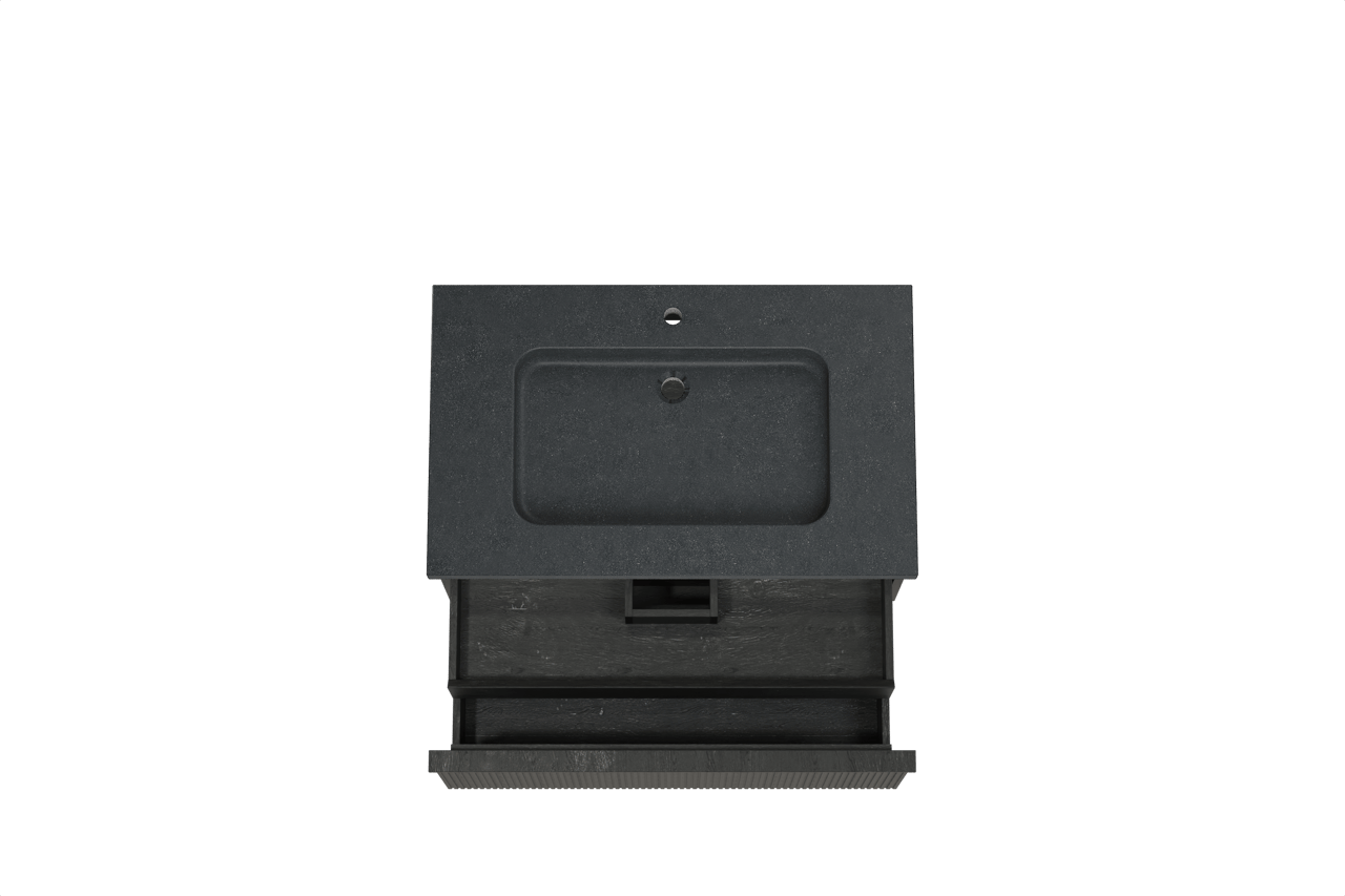 Balmani Forma zwevend badkamermeubel 90 x 55 cm zwarte eik met Napoli enkele wastafel in graniet zwart, Verticale symmetrische rechte ribbel