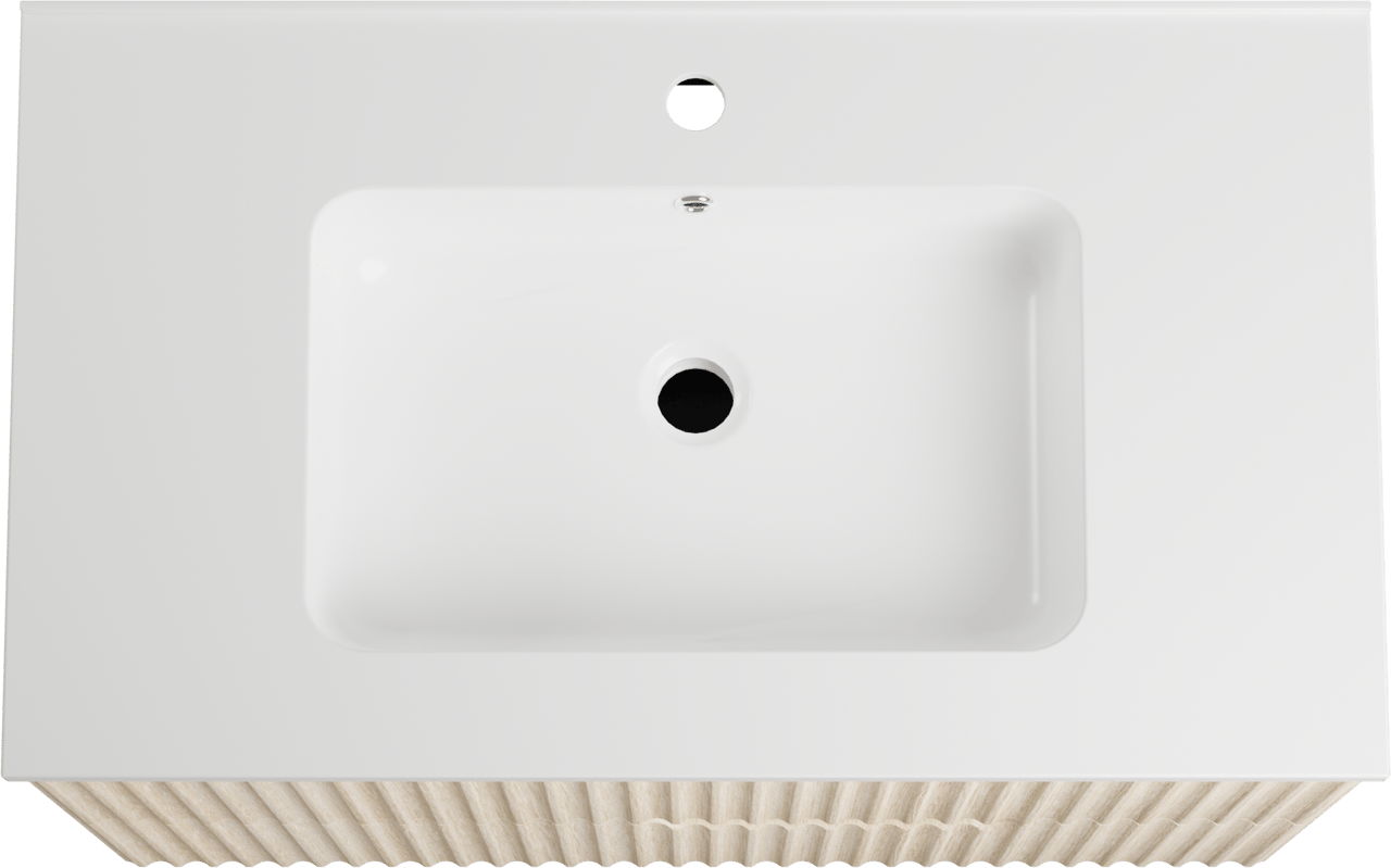 Linie Ribbo zwevend badmeubel 80 x 46 cm licht eiken met Vano enkele wastafel in composietmarmer hoogglans wit, Verticale symmetrische ronde ribbel