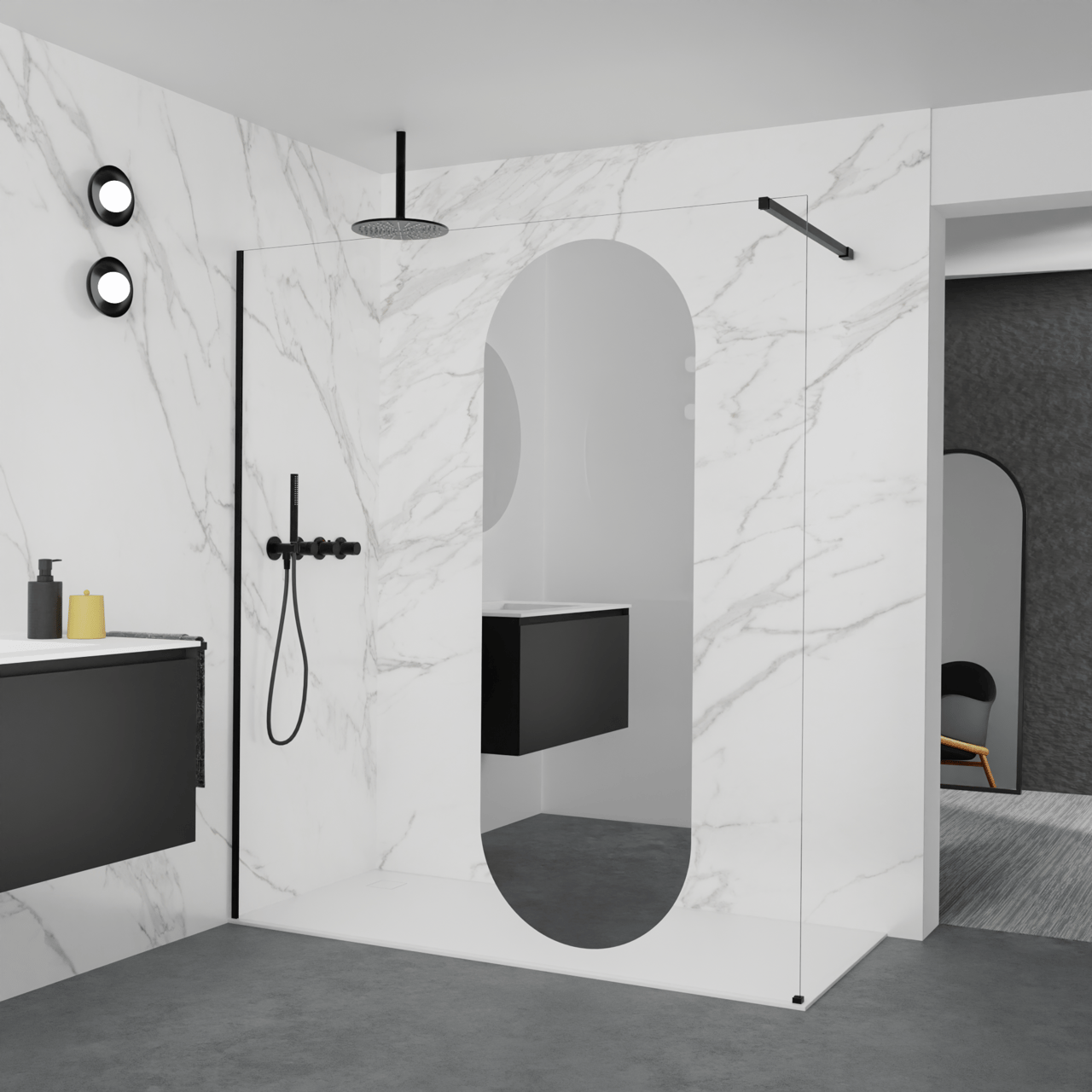 Balmani Modular inloopdouche: 180 x 200 cm, Reflex ovaal spiegelglas, Mat zwarte profielen