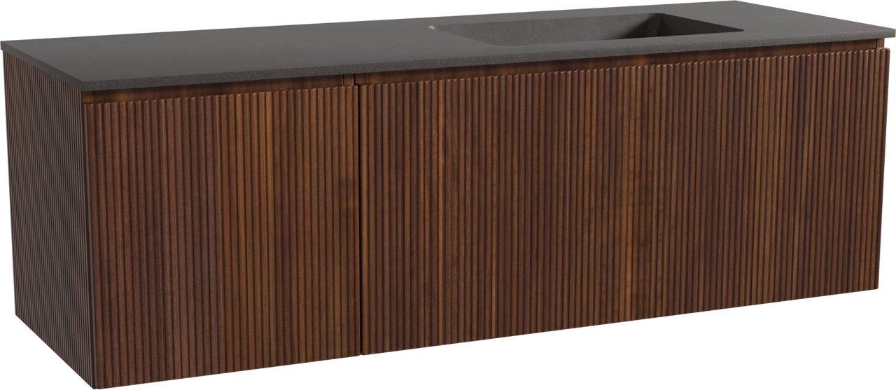 Storke Ribs zwevend badmeubel 150 x 52 cm notenhout met Scuro asymmetrisch rechtse wastafel in kwarts mat zwart, Verticale symmetrische rechte ribbel