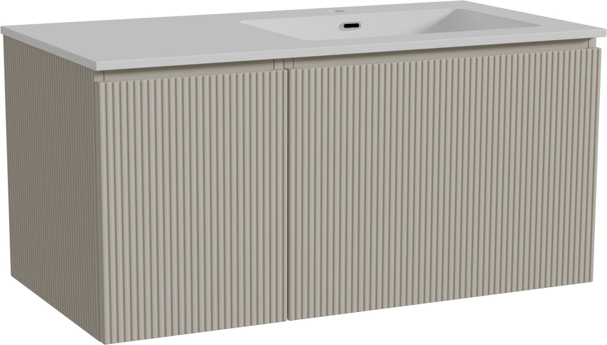 Storke Ribs zwevend badmeubel 100 x 52 cm zijdegrijs met Diva asymmetrisch rechtse wastafel in composietmarmer hoogglans wit, Verticale symmetrische rechte ribbel