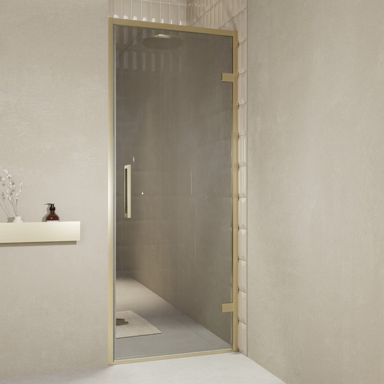 Balmani Senses Design porte pivotante à droite 90 cm x 210 cm verre Miroir Reflex, Profil Brushed Champagne Gold, coating inclus