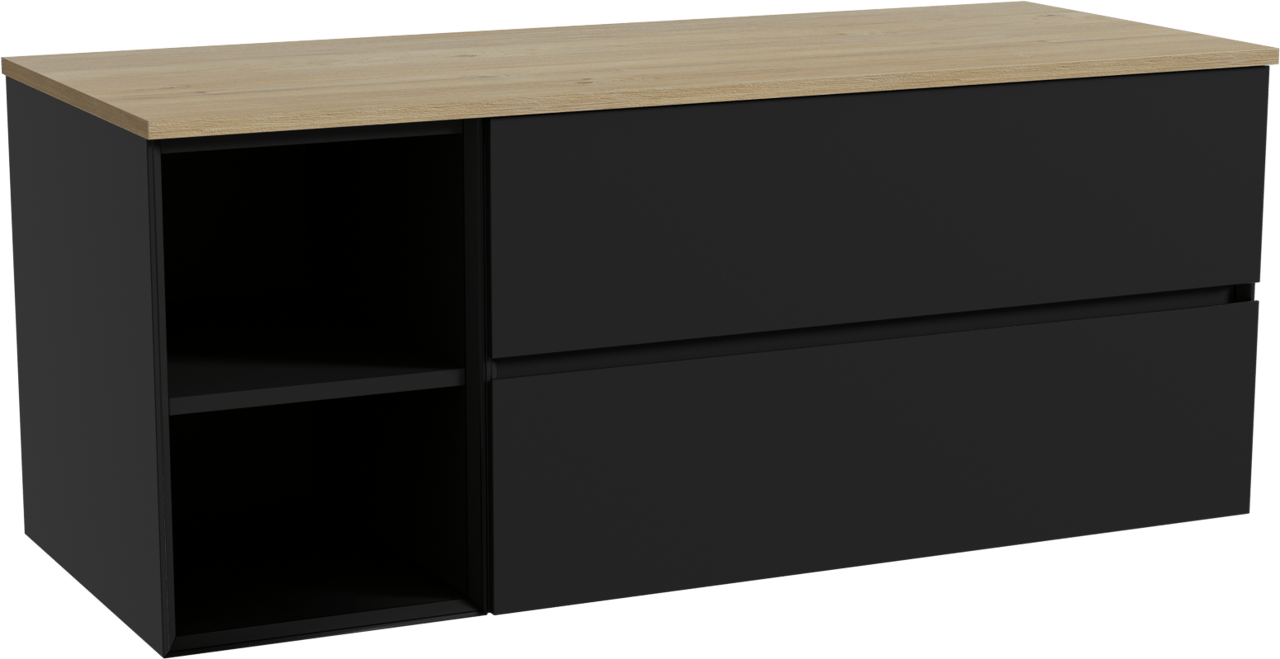 Storke Edge zwevend badkamermeubel 130 x 52 cm mat zwart met Panton enkel of dubbel tablet in melamine ruwe eik