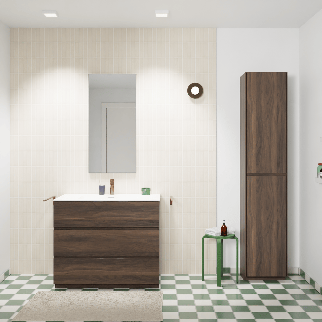 Storke Edge staand badmeubel 95 x 52 cm notenhout met Mata enkele wastafel in solid surface mat wit