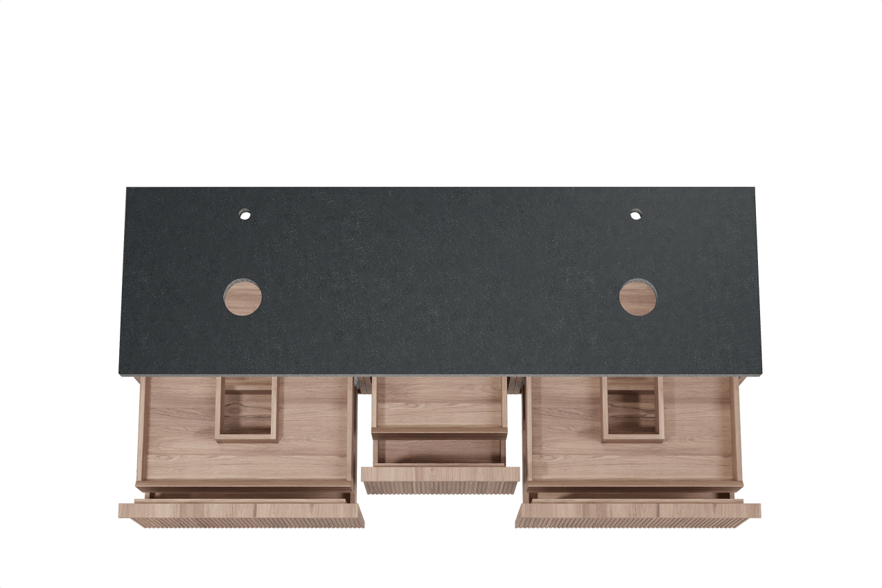 Balmani Forma meuble salle de bains suspendu 180 x 55 cm teck avec Rock tablette double en granit noir, Nervure gauche symétrique verticale