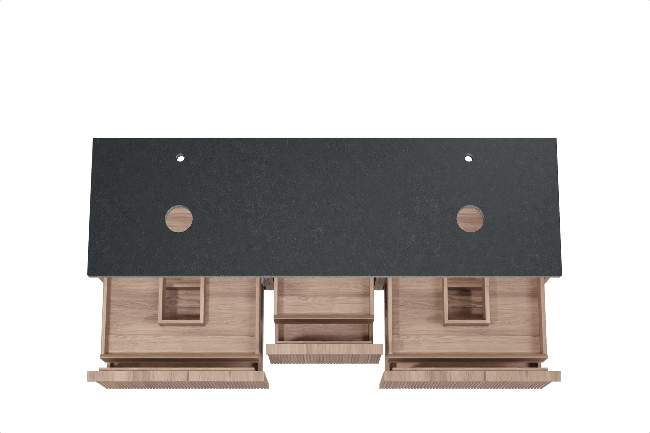 Balmani Forma hängendes Möbelstück Set: 180 x 55 cm, Teak, mit Rock Doppel Waschtischplatte, Granit, Schwarzes Granit, Vertikale symmetrische gerade Rippe