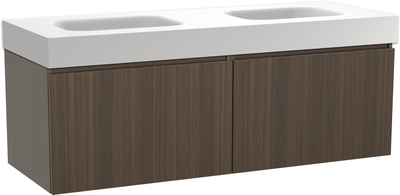 Balmani Sfera hängendes Möbelstück Set: 150 x 55 cm, Eucalyptus, mit Arcato Doppelwaschtisch, Solid Surface Weiß matt