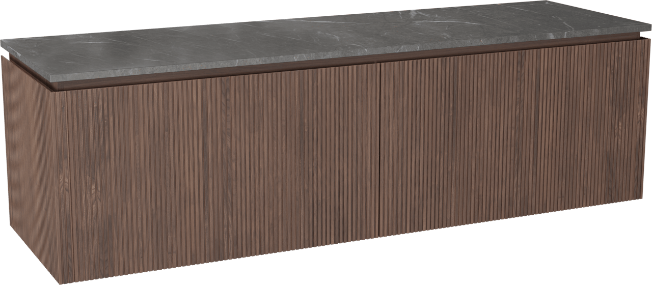 Balmani Eclips hängendes Möbelstück Set: 180 x 55 cm, Amerikanischer Nussbaum, mit Stretto Einzel- oder Doppel Waschtischplatte Pietra Grey Marmor, Vertikale symmetrische gerade Rippe