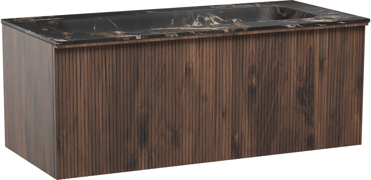 Balmani Forma zwevend badmeubel 120 x 55 cm amerikaans notenhout met Tablo Arcato enkele wastafel voor 2 kraangaten in marmer portoro gold, Verticale symmetrische rechte ribbel