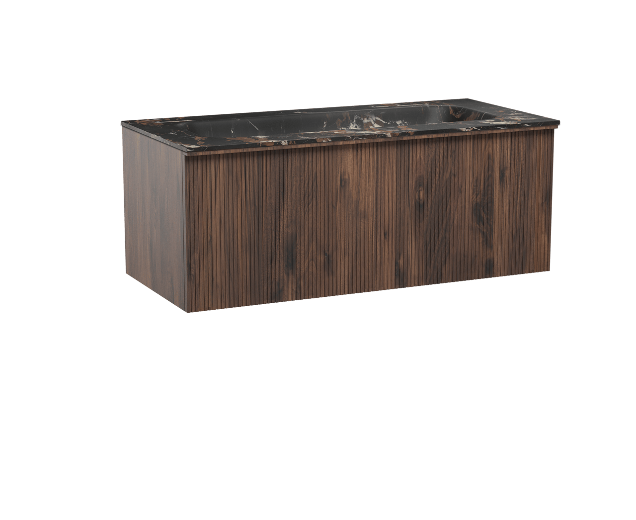 Balmani Forma hängendes Möbelstück Set: 120 x 55 cm, Amerikanischer Nussbaum, mit Tablo Arcato Einzelwaschtisch für 2 Armaturenlöcher, Marmor, Portoro Gold, Vertikale symmetrische gerade Rippe