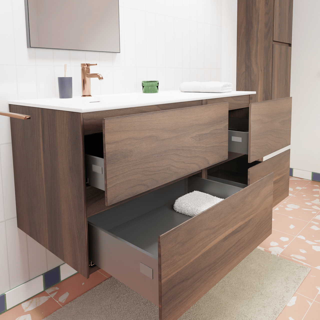 Storke Edge hängendes Möbelstück Set: 110 x 52 cm, Nussbaum, mit Mata Waschtisch links, Solid Surface Weiß matt