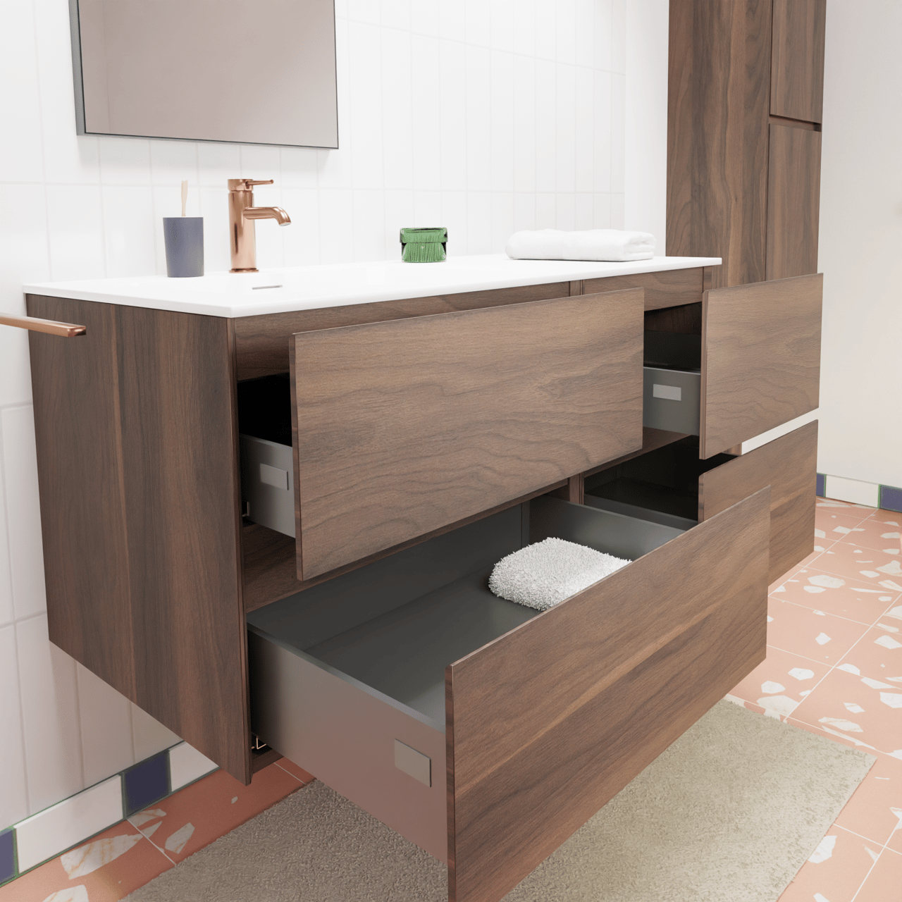 Storke Edge hängendes Möbelstück Set: 110 x 52 cm, Nussbaum, mit Mata Waschtisch links, Solid Surface Weiß matt