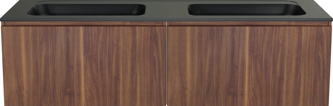 Balmani Sfera zwevend badmeubel 180 x 55 cm amerikaans notenhout met Tablo Strada dubbele wastafel in composietmarmer mat zwart