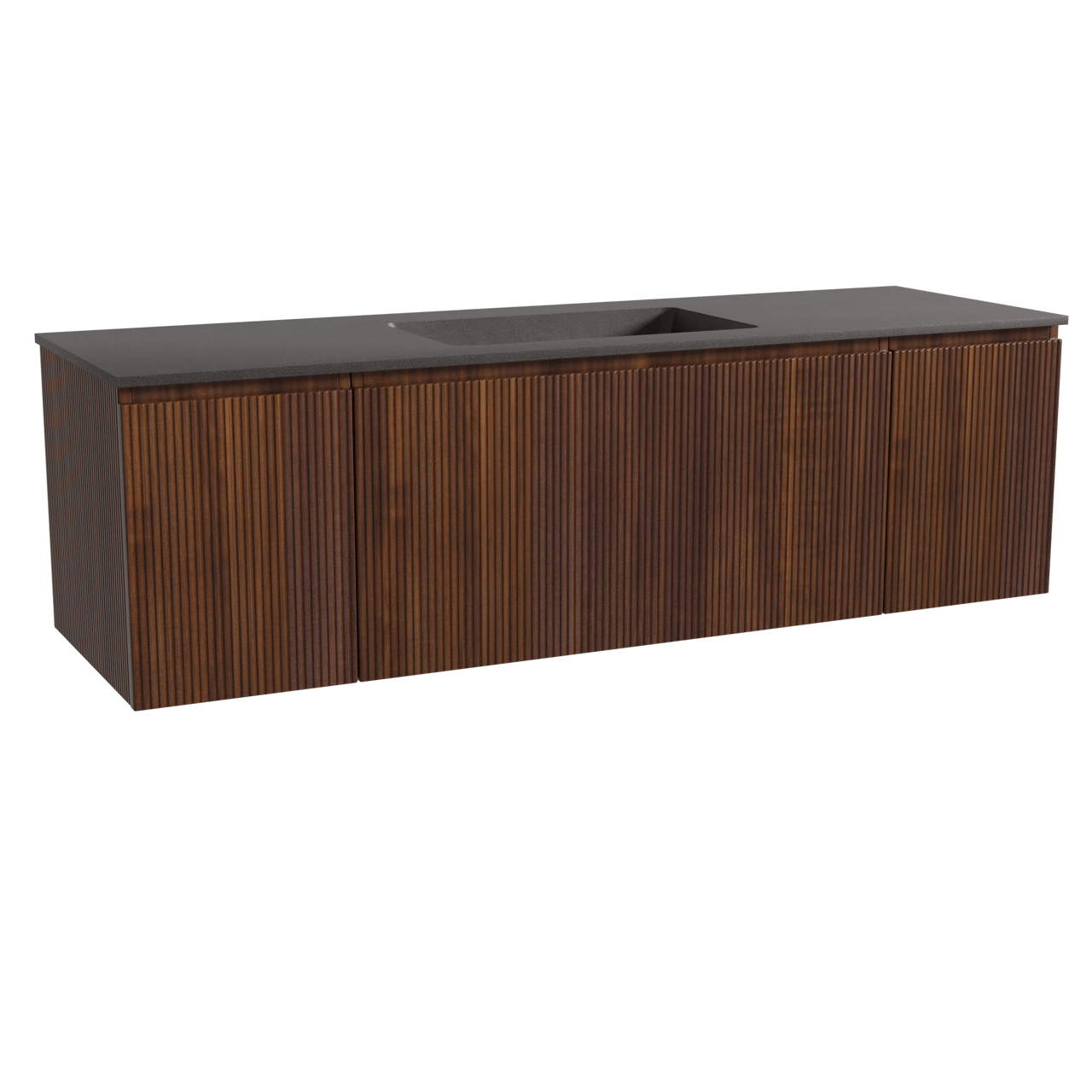 Storke Ribs meuble salle de bains suspendu 165 x 52 cm noyer avec Scuro plan simple en quartz noir mat, Nervure droite symétrique verticale