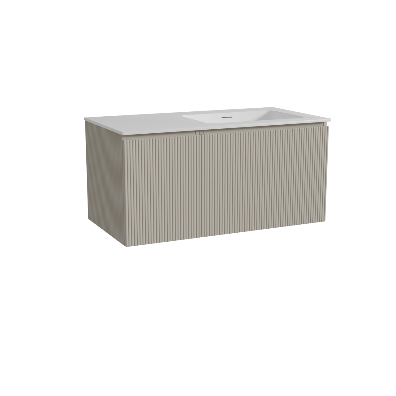 Storke Ribs zwevend badkamermeubel 100 x 52 cm zijdegrijs met Mata asymmetrisch rechtse wastafel in solid surface mat wit, Verticale symmetrische rechte ribbel