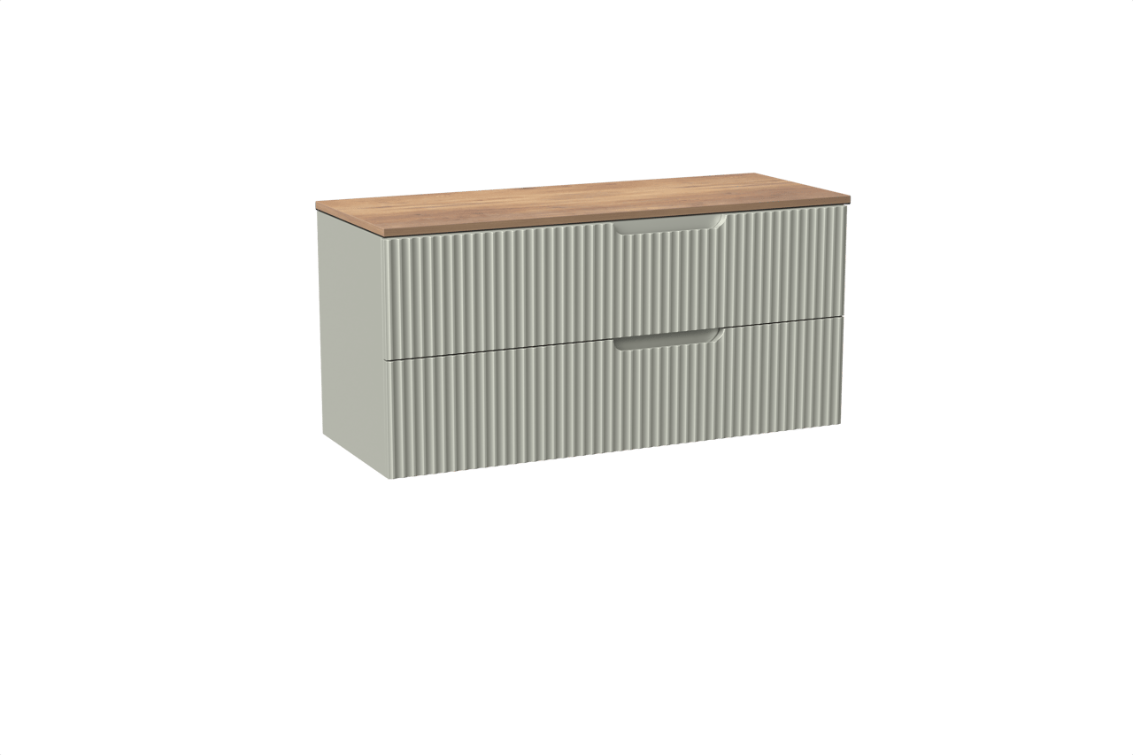 Linie Ribbo meuble salle de bains suspendu 120 x 46 cm greige avec Lado tablette simple ou double en mélaminé chêne naturel, Nervure circulaire symétrique verticale