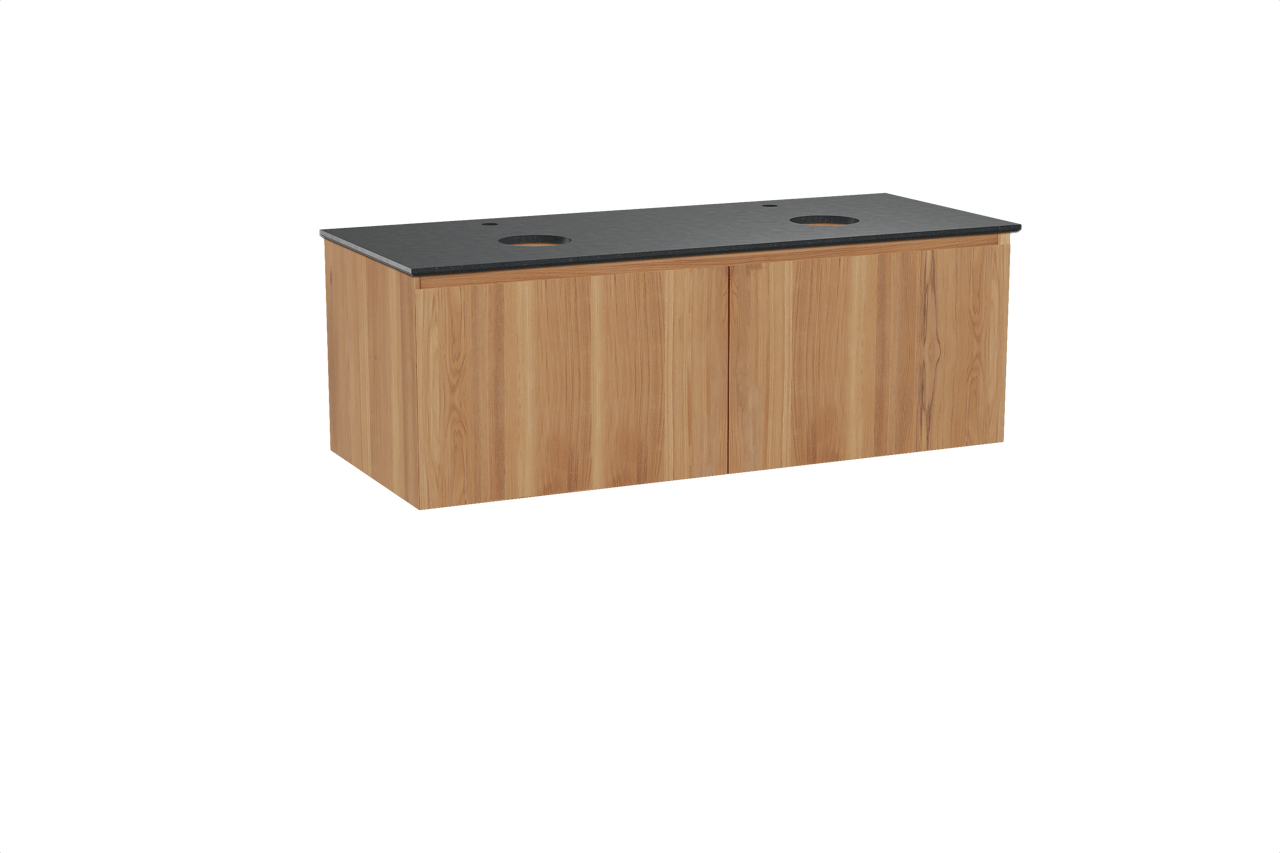 Balmani Idra zwevend badkamermeubel 135 x 55 cm teak met Facetta dubbel tablet in graniet zwart